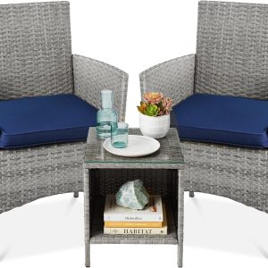 Best Choice Products 3-Piece Outdoor Wicker Conversation Bistro Set, Space Saving Patio Furniture for Garden w/Side Table - Gray/Navy