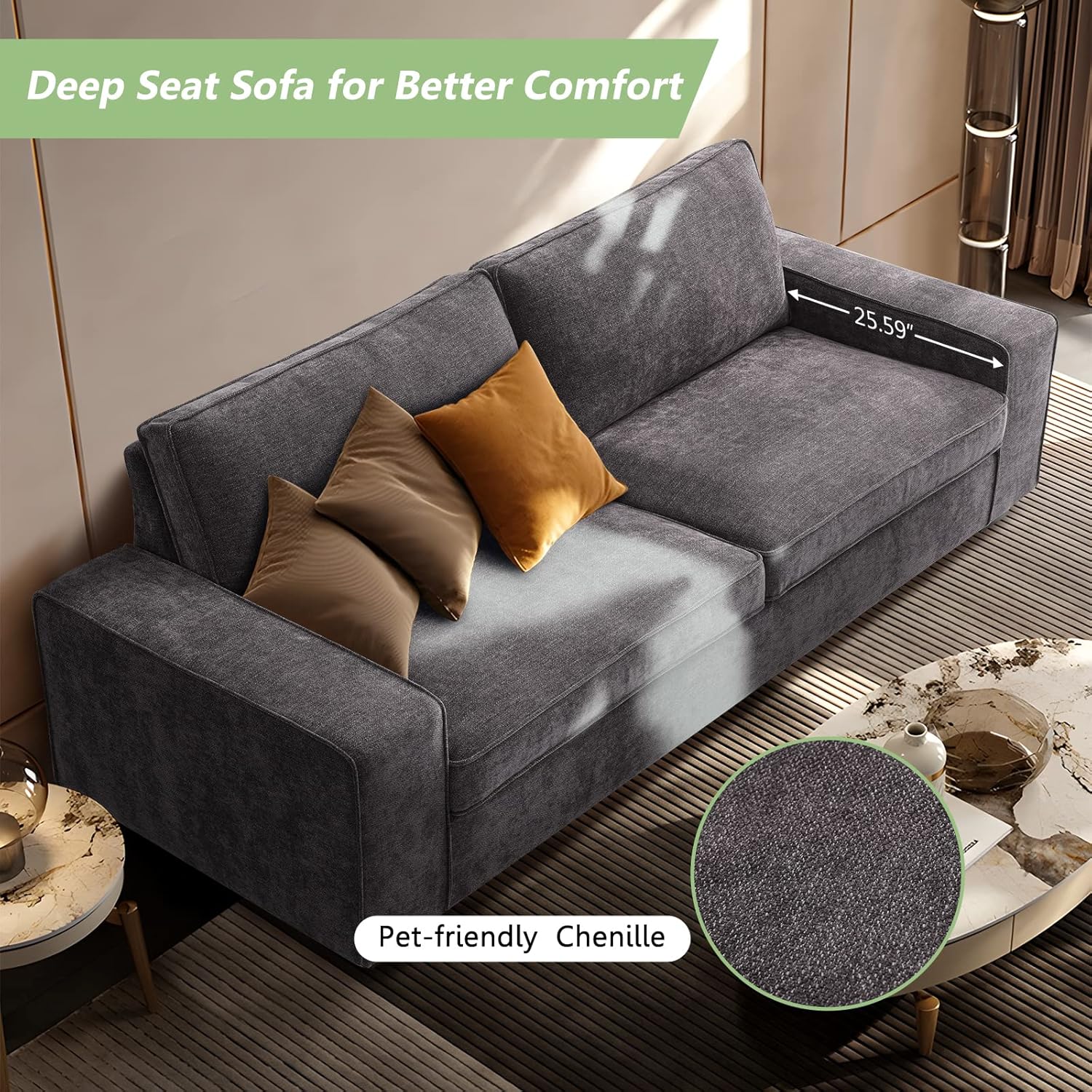 LEISLAND 88.58" Modern Sofas Couches for Living Room, Chenille Deep Seat Sofas & couches with Metal, Removable Low-Back Sofa Cushion and Detachable Sofa Cover/Easy to Install(Dark Grey) - Image 4