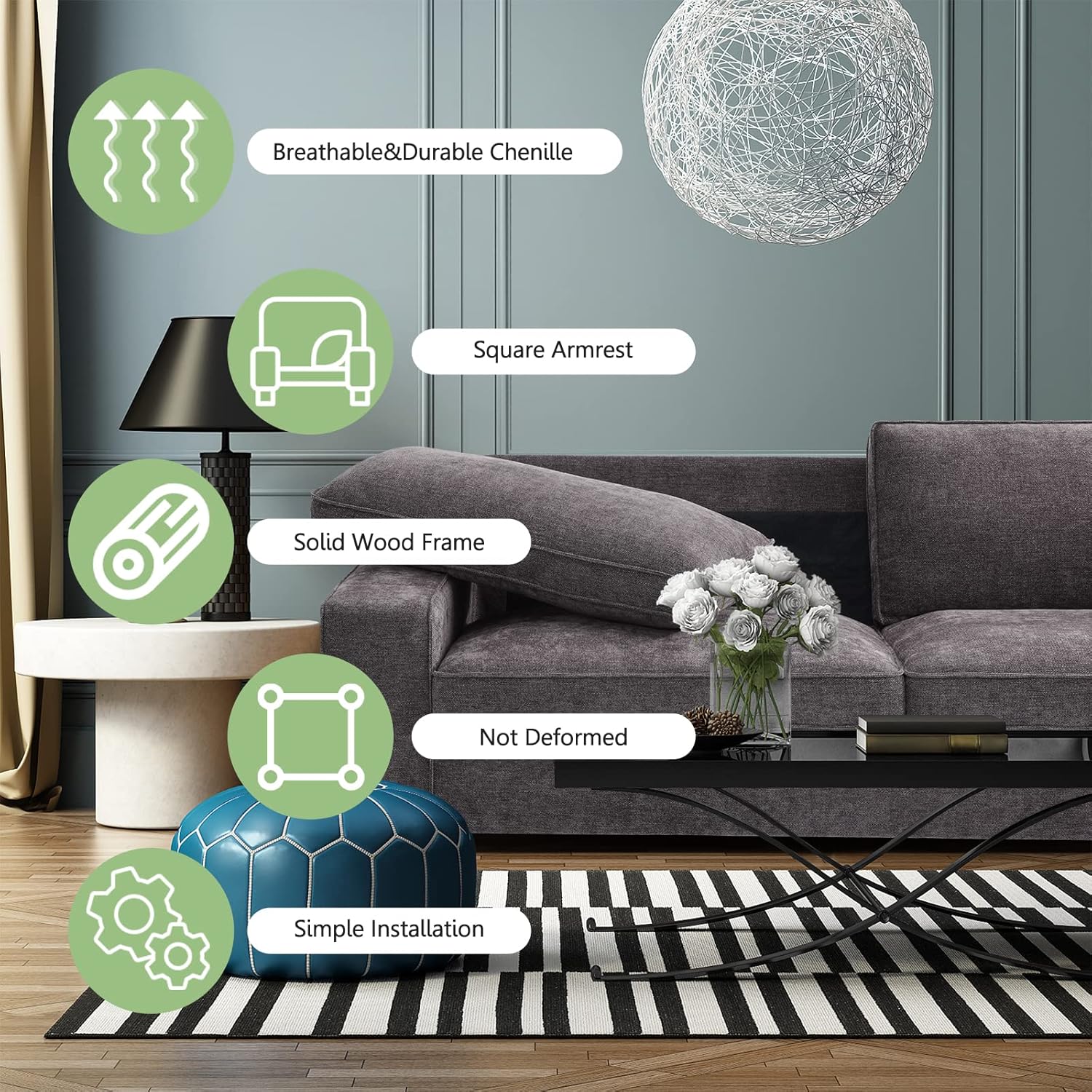 LEISLAND 88.58" Modern Sofas Couches for Living Room, Chenille Deep Seat Sofas & couches with Metal, Removable Low-Back Sofa Cushion and Detachable Sofa Cover/Easy to Install(Dark Grey) - Image 8