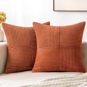 MIULEE Fall Rust Corduroy Pillow Covers Pack of 2 Boho Decorative Spliced Throw Pillow Covers Soft Solid Couch Pillowcases Cross Patchwork Textured Cushion Covers for Living Room Bed Sofa 18x18 inch